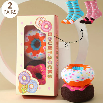 Two pairs of colorful donuts pattern fashion trendy socks are suitable for Christmas Valentine's Day gifts on Halloween
