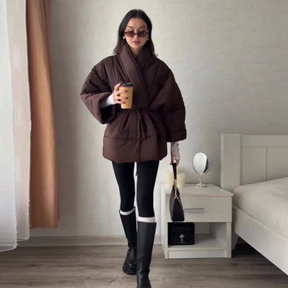 QUOTED Casual Lace Up Women Winter Coats 2025 Belt Stand Collar Zipper Full Sleeve Kimono Jacket Lady Solid Thick Warm Outwear New