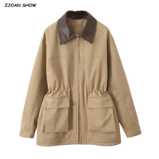 QUOTED 2025 Lente Vrouwen Kaki Gesplitst Kunstleer Revers Safari Jas Front 2 Zakken Elastische Taille Rits Jas Losse Bovenkleding