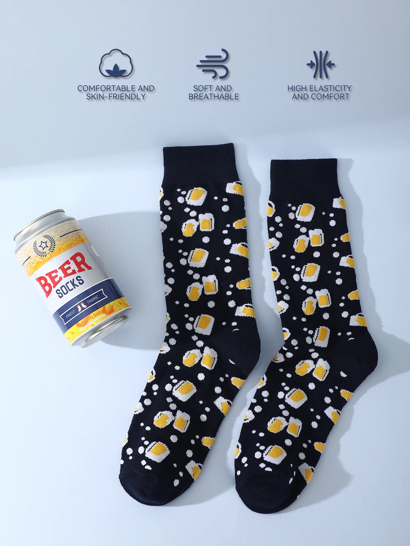 1 pair of mid-calf socks for men and women, featuring a novelty beer can design, practical and suitable for holiday gifting.