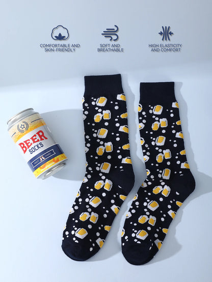 1 pair of mid-calf socks for men and women, featuring a novelty beer can design, practical and suitable for holiday gifting.