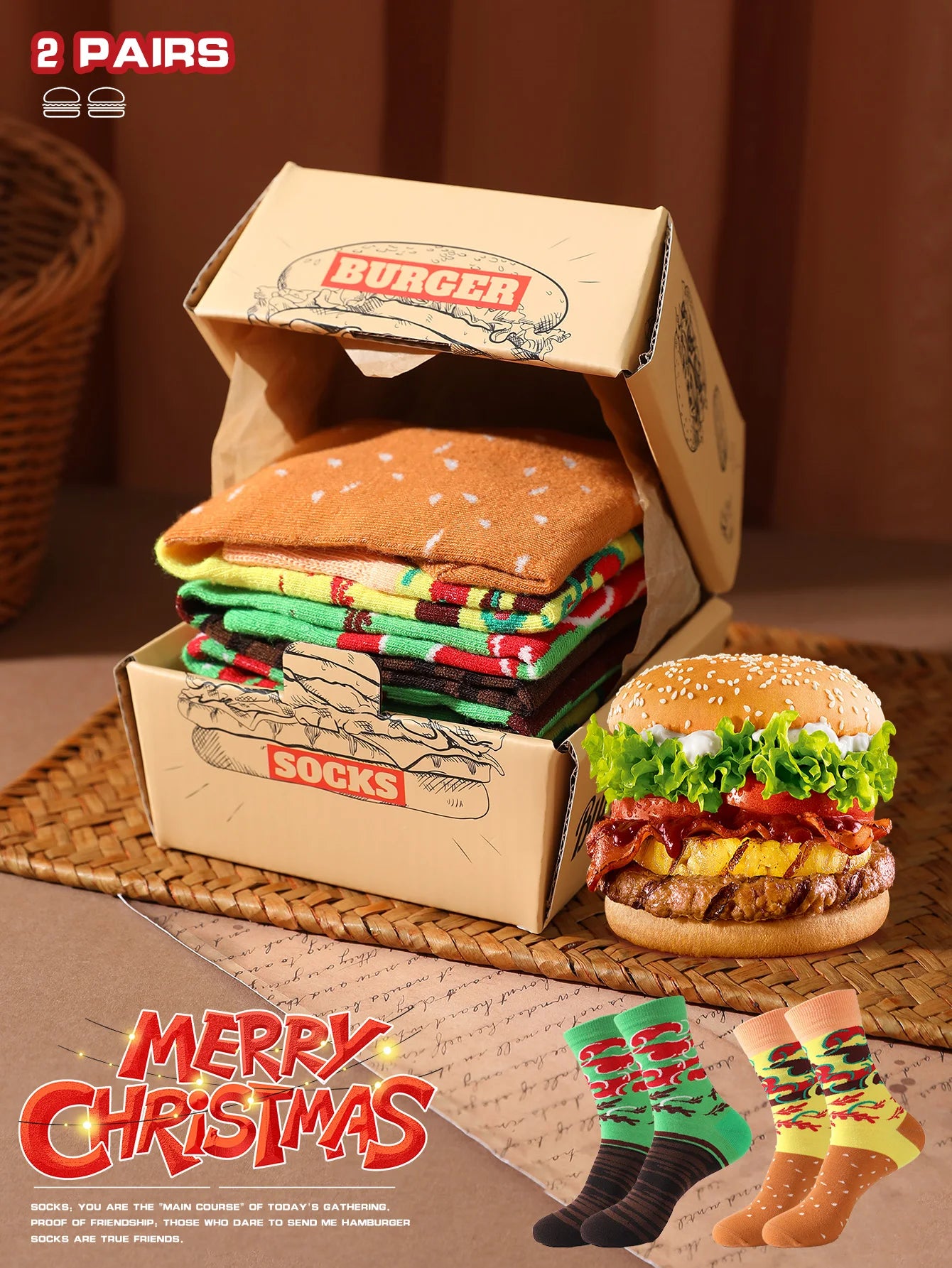 2-paar dezelfde heren- en damessokken met een uniek, creatief en interessant hamburgerontwerp als vakantiecadeau