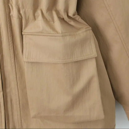 QUOTED 2025 Lente Vrouwen Kaki Gesplitst Kunstleer Revers Safari Jas Front 2 Zakken Elastische Taille Rits Jas Losse Bovenkleding