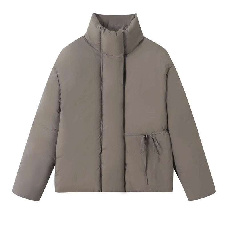 QUOTED Casual Lace Up Women Winter Coats 2025 Belt Stand Collar Zipper Full Sleeve Kimono Jacket Lady Solid Thick Warm Outwear New