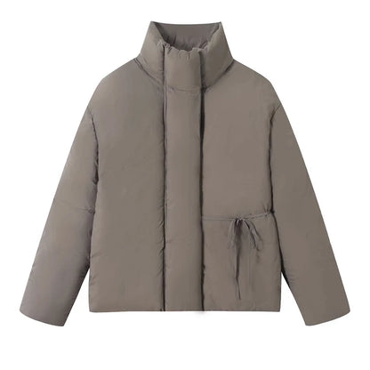 QUOTED Casual Lace Up Women Winter Coats 2025 Belt Stand Collar Zipper Full Sleeve Kimono Jacket Lady Solid Thick Warm Outwear New