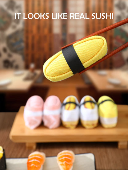 4pair of mid-calf unisex socks in a salmon sushi design, a novel and creative practical gift that is fun for the holidays.