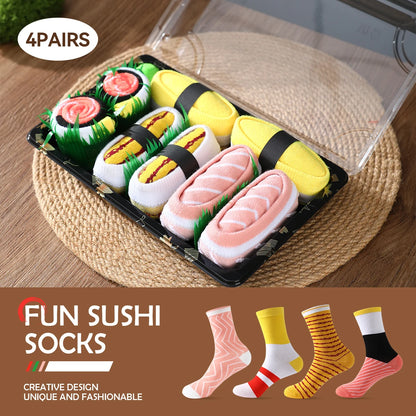 4pair of mid-calf unisex socks in a salmon sushi design, a novel and creative practical gift that is fun for the holidays.