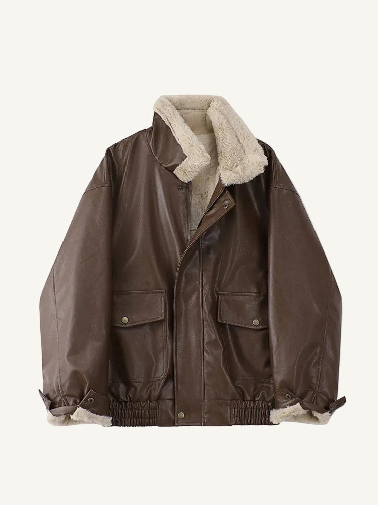 Oversized Bruin Faux-Leren Bomberjack met Fleece Kraag