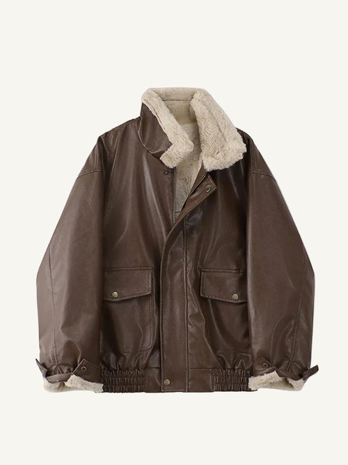 Oversized Bruin Faux-Leren Bomberjack met Fleece Kraag