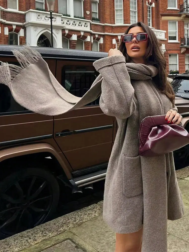 QUOTED Vrouwen Elegante Mode Gebreid Vest Jassen Met Sjaal Single Breasted Lange Mouw Jassen High Street Lady Chic Bovenkleding