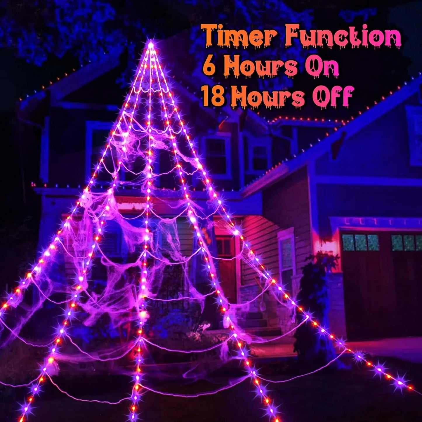 أضواء شبكة العنكبوت للهالوين 250 LED شبكة العنكبوت المضاءة العملاقة 16.4Ft زينة الهالوين للخارجية ساحة ديكور المنزل المسكون