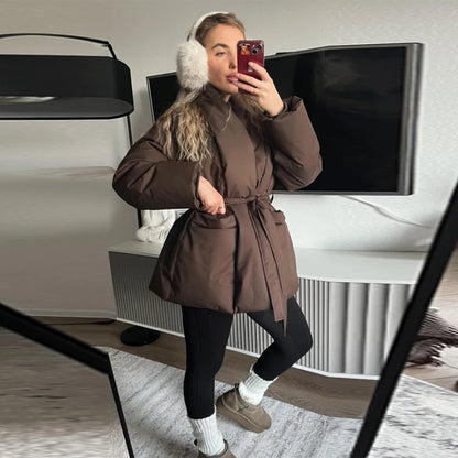 QUOTED Casual Lace Up Women Winter Coats 2025 Belt Stand Collar Zipper Full Sleeve Kimono Jacket Lady Solid Thick Warm Outwear New