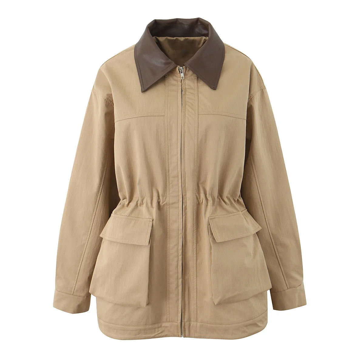 QUOTED 2025 Lente Vrouwen Kaki Gesplitst Kunstleer Revers Safari Jas Front 2 Zakken Elastische Taille Rits Jas Losse Bovenkleding