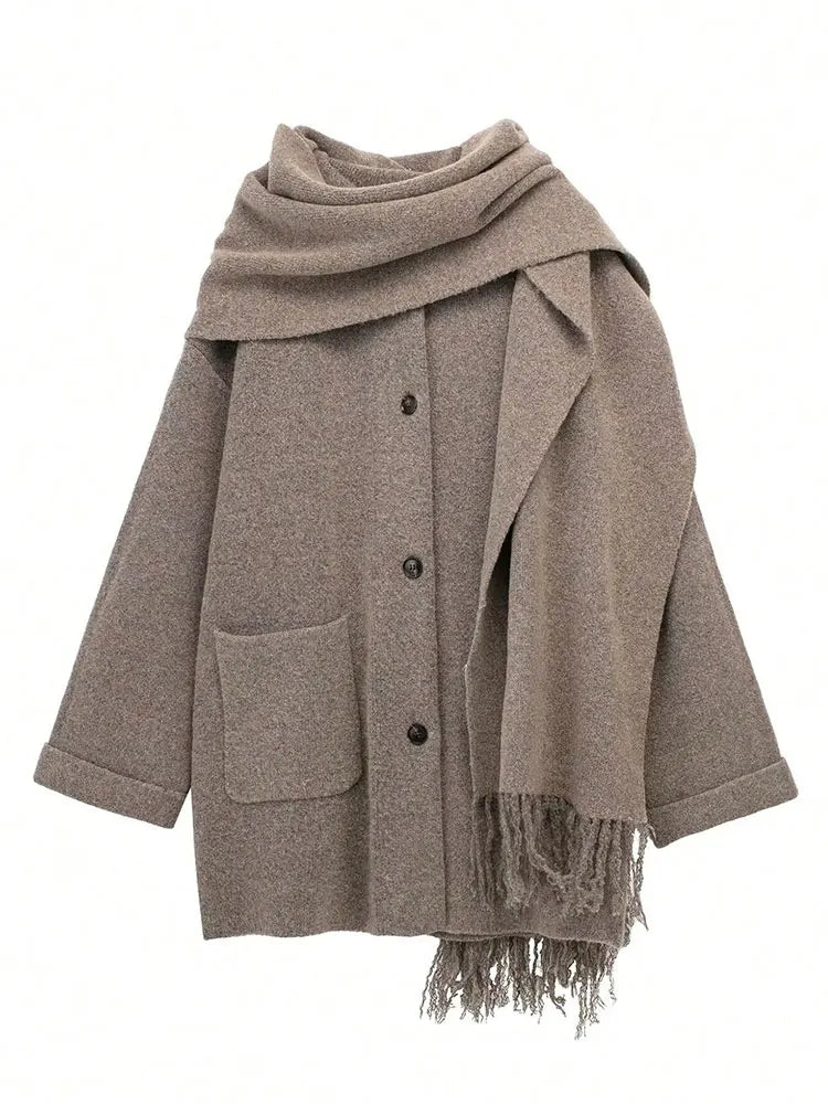 QUOTED Vrouwen Elegante Mode Gebreid Vest Jassen Met Sjaal Single Breasted Lange Mouw Jassen High Street Lady Chic Bovenkleding