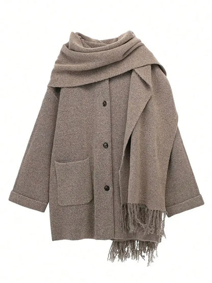 QUOTED Vrouwen Elegante Mode Gebreid Vest Jassen Met Sjaal Single Breasted Lange Mouw Jassen High Street Lady Chic Bovenkleding