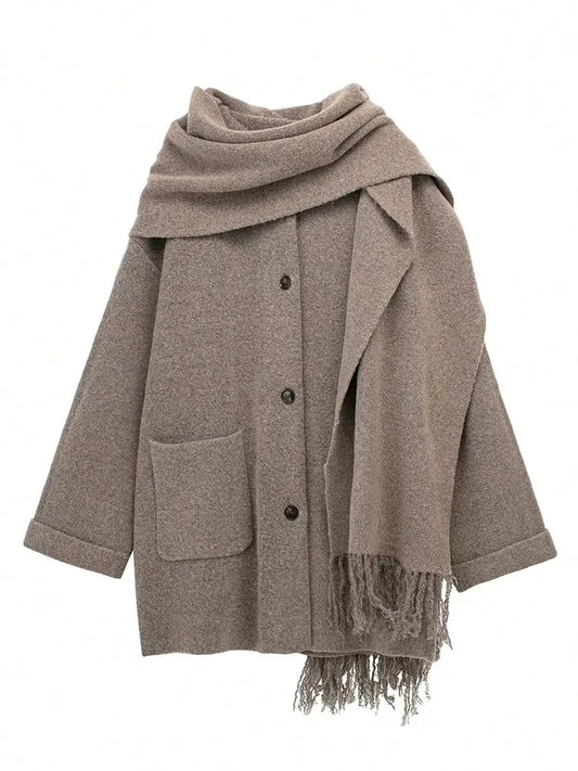 QUOTED Vrouwen Elegante Mode Gebreid Vest Jassen Met Sjaal Single Breasted Lange Mouw Jassen High Street Lady Chic Bovenkleding