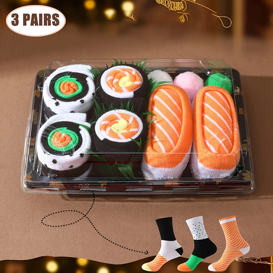 3 pairs of mid-length women's socks, colorful sushi patterns, creative gift boxes, comfortable and breathable, suitable for Chri