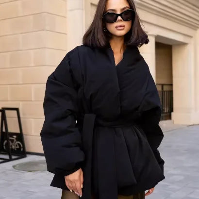 QUOTED Casual Lace Up Women Winter Coats 2025 Belt Stand Collar Zipper Full Sleeve Kimono Jacket Lady Solid Thick Warm Outwear New