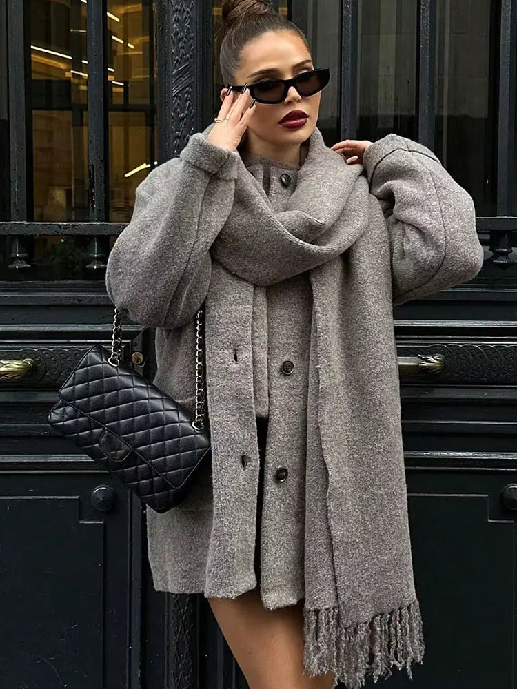 QUOTED Vrouwen Elegante Mode Gebreid Vest Jassen Met Sjaal Single Breasted Lange Mouw Jassen High Street Lady Chic Bovenkleding