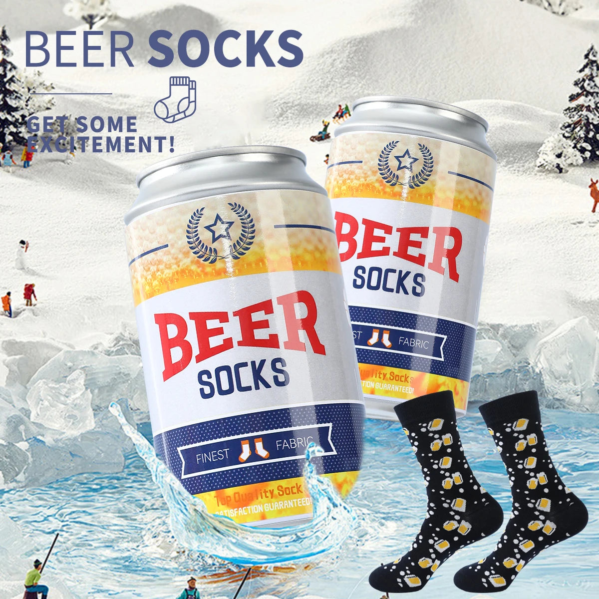 1 pair of mid-calf socks for men and women, featuring a novelty beer can design, practical and suitable for holiday gifting.