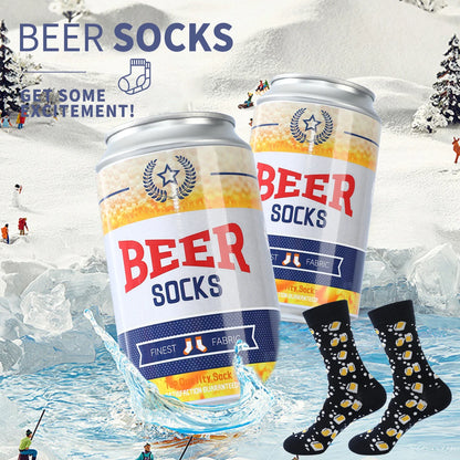 1 pair of mid-calf socks for men and women, featuring a novelty beer can design, practical and suitable for holiday gifting.