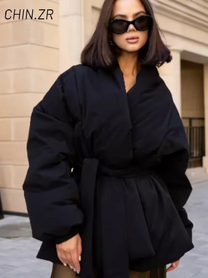 QUOTED Casual Lace Up Women Winter Coats 2025 Belt Stand Collar Zipper Full Sleeve Kimono Jacket Lady Solid Thick Warm Outwear New