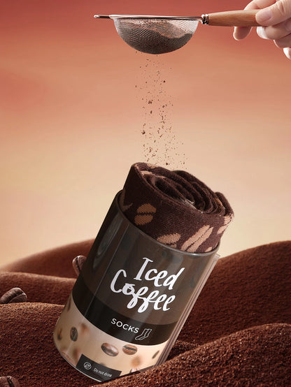 1 pair of mid-calf socks for men and women, featuring a novelty coffee can design, practical and suitable for holiday gifting.