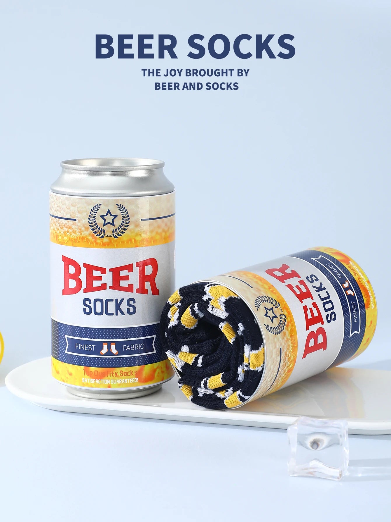 1 pair of mid-calf socks for men and women, featuring a novelty beer can design, practical and suitable for holiday gifting.