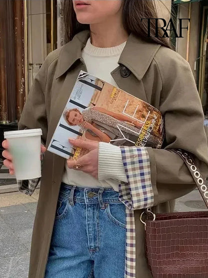 Vrouwen Mode Lange Trench Coat Herfst en Winter Kapel Lange Mouw Single-Breasted Jas Los Puur Kleur Eenvoudige Straatjas