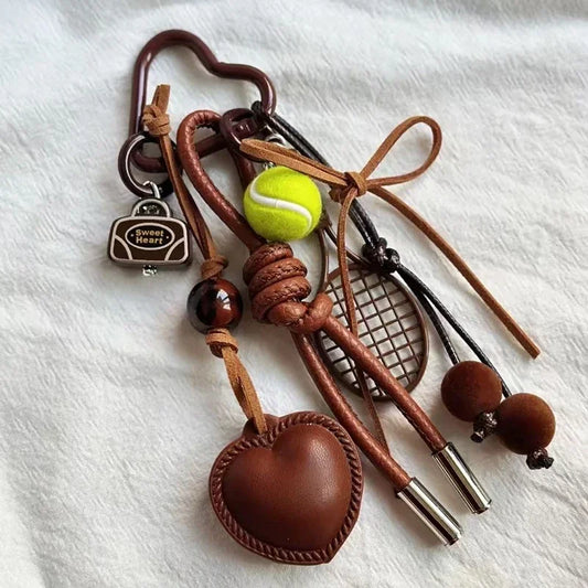 1PC Y2k Vintage Brown Leather Bow Heart Pendant Fashion Tennis Keychain Ins Braided Lanyard Keyring for Women Bag Pendant Charms