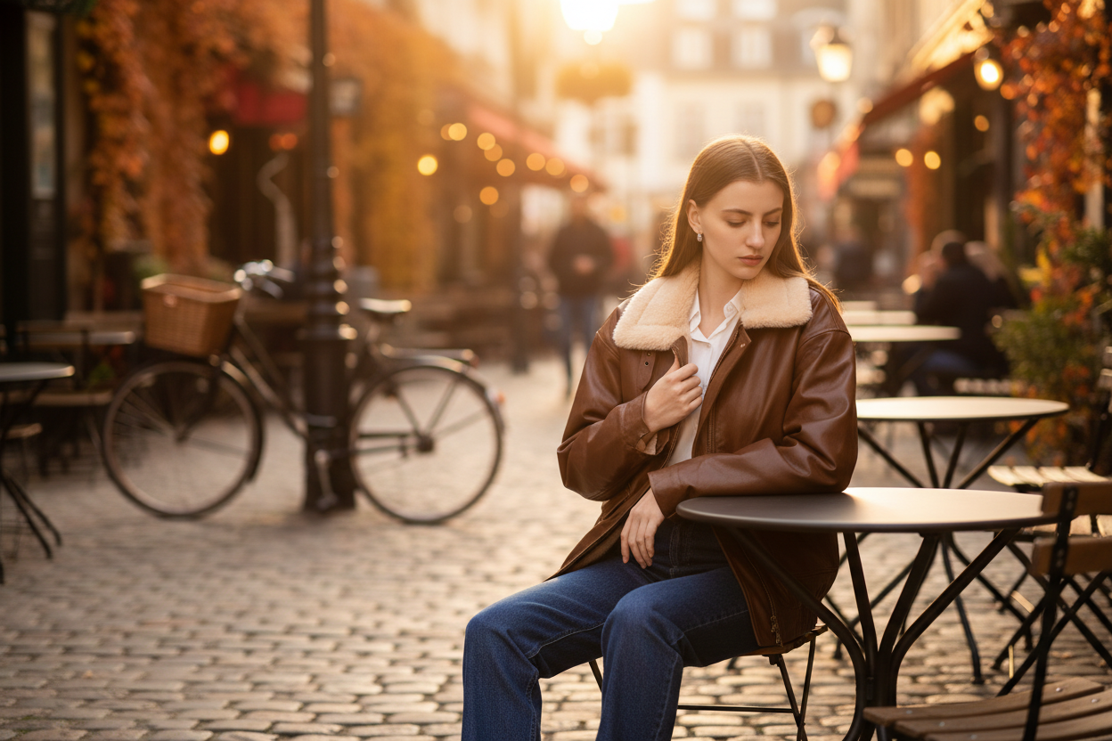 Oversized Bruin Faux-Leren Bomberjack met Fleece Kraag