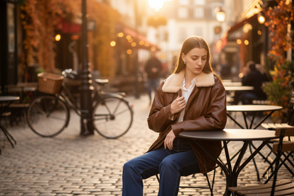 Oversized Bruin Faux-Leren Bomberjack met Fleece Kraag