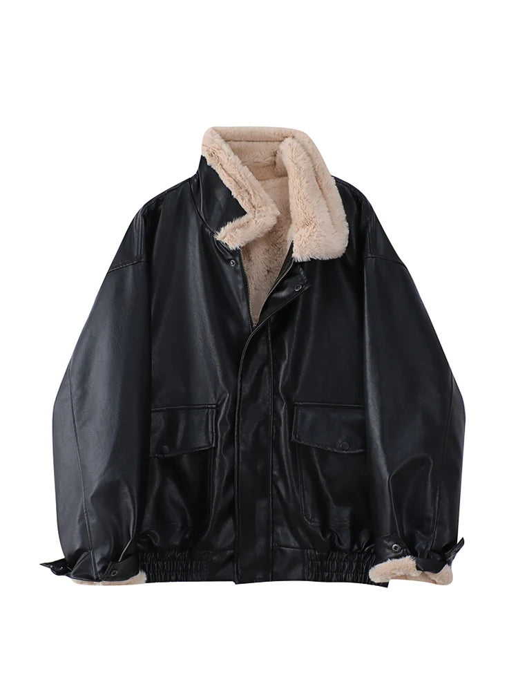 Oversized Bruin Faux-Leren Bomberjack met Fleece Kraag