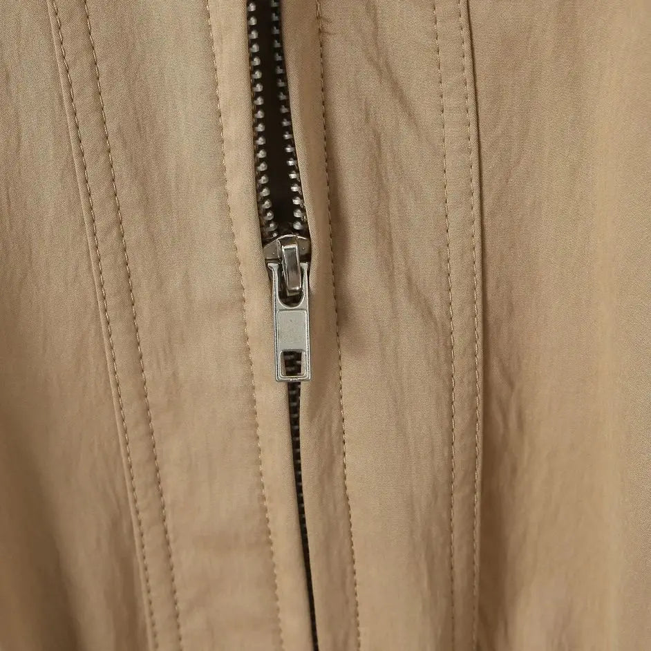 QUOTED 2025 Lente Vrouwen Kaki Gesplitst Kunstleer Revers Safari Jas Front 2 Zakken Elastische Taille Rits Jas Losse Bovenkleding