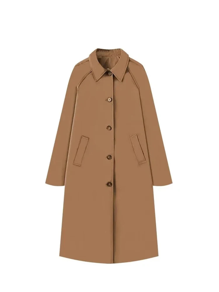 Vrouwen Mode Lange Trench Coat Herfst en Winter Kapel Lange Mouw Single-Breasted Jas Los Puur Kleur Eenvoudige Straatjas