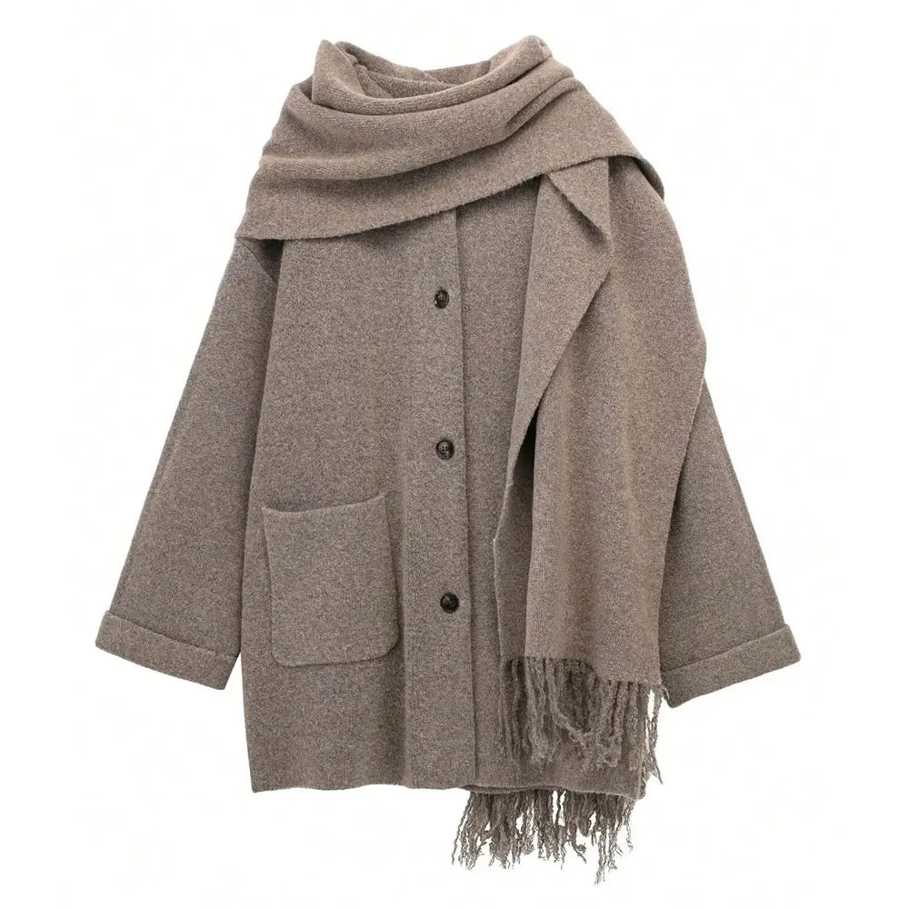 QUOTED Vrouwen Elegante Mode Gebreid Vest Jassen Met Sjaal Single Breasted Lange Mouw Jassen High Street Lady Chic Bovenkleding