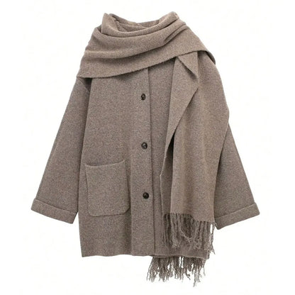 QUOTED Vrouwen Elegante Mode Gebreid Vest Jassen Met Sjaal Single Breasted Lange Mouw Jassen High Street Lady Chic Bovenkleding