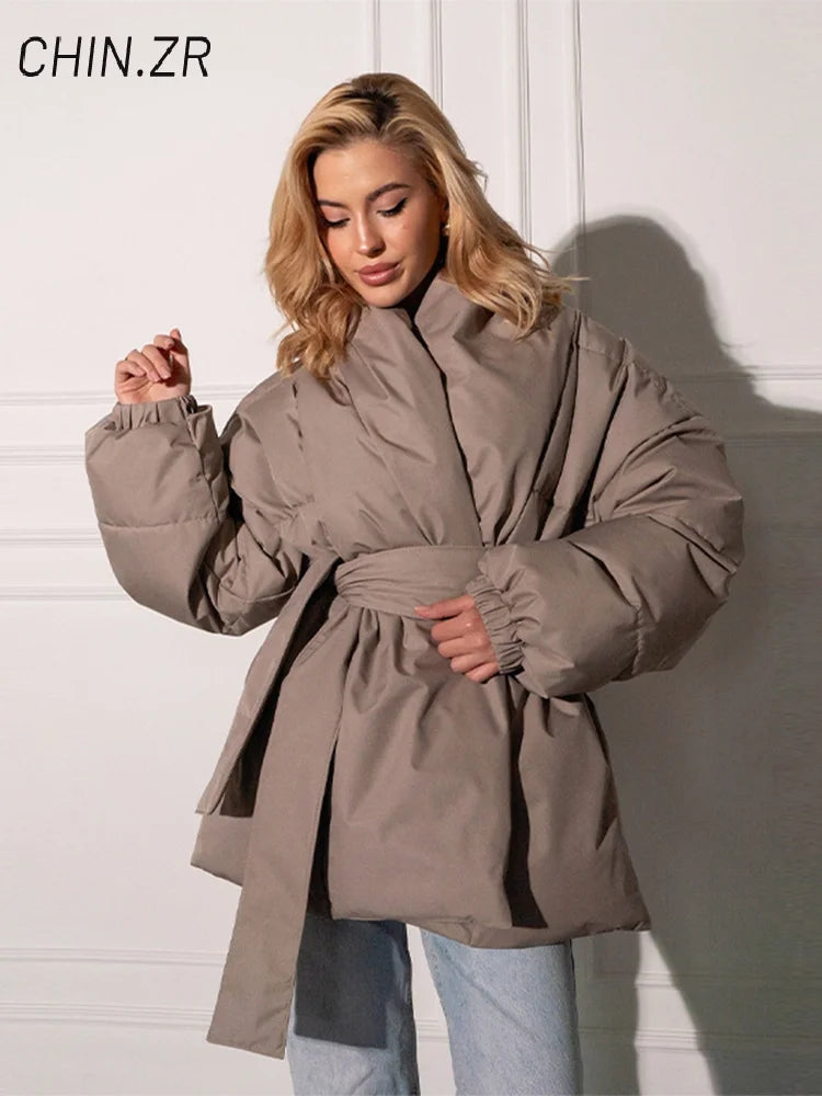 QUOTED Casual Lace Up Women Winter Coats 2025 Belt Stand Collar Zipper Full Sleeve Kimono Jacket Lady Solid Thick Warm Outwear New