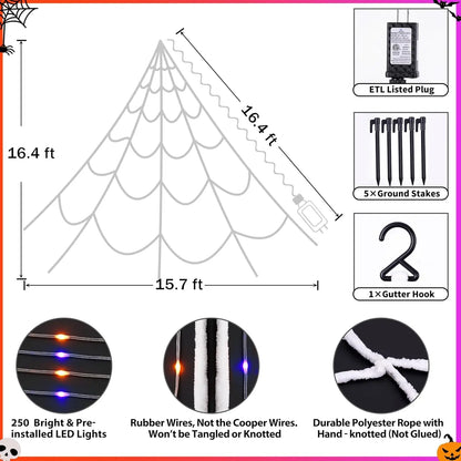 أضواء شبكة العنكبوت للهالوين 250 LED شبكة العنكبوت المضاءة العملاقة 16.4Ft زينة الهالوين للخارجية ساحة ديكور المنزل المسكون