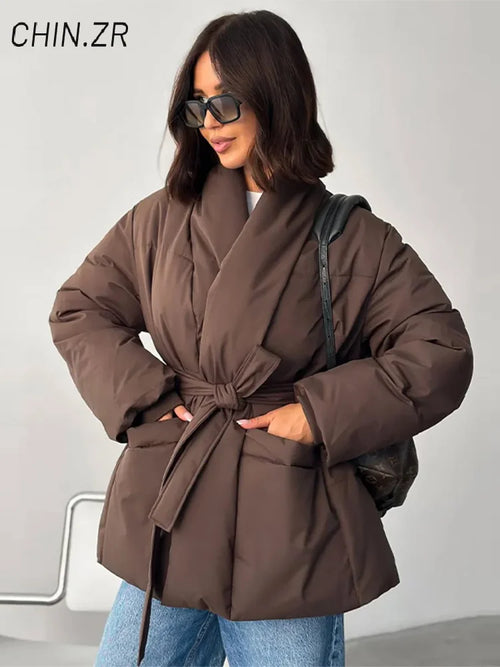 QUOTED Casual Lace Up Women Winter Coats 2025 Belt Stand Collar Zipper Full Sleeve Kimono Jacket Lady Solid Thick Warm Outwear New