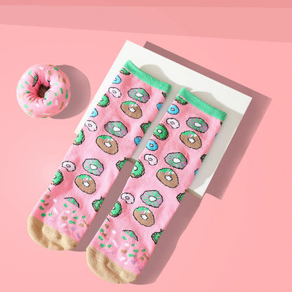 1 Pair of Mid-Calf Men's Socks, Suitable for Both Men and Women, Novel and Fun Colorful Donut Box Socks, European and American Fashion Trend Style, Comfortable and Breathable, Party Casual Novelty Gifts, Valentine's Day, Christmas, Santa Claus, Autumn and