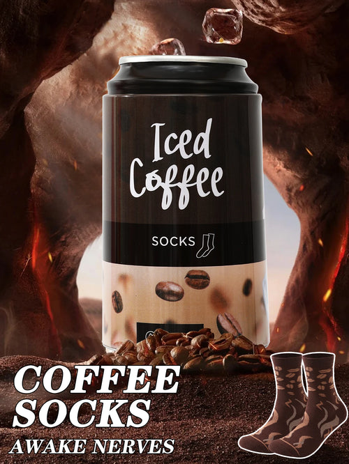 1 pair of mid-calf socks for men and women, featuring a novelty coffee can design, practical and suitable for holiday gifting.