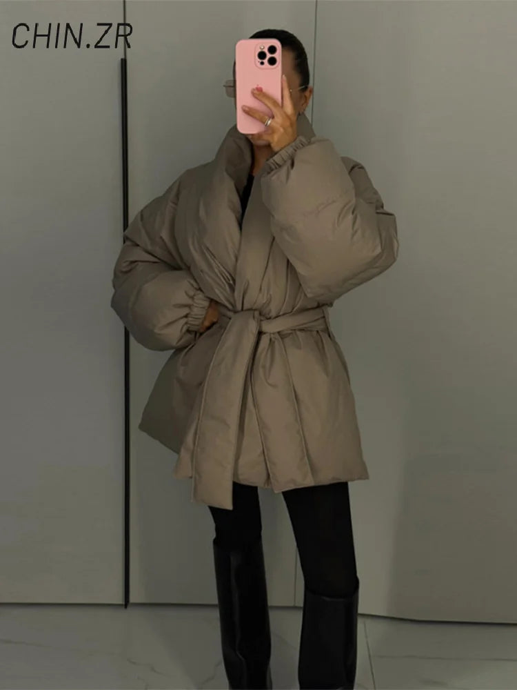 QUOTED Casual Lace Up Women Winter Coats 2025 Belt Stand Collar Zipper Full Sleeve Kimono Jacket Lady Solid Thick Warm Outwear New