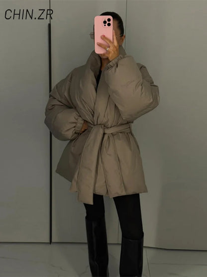 QUOTED Casual Lace Up Women Winter Coats 2025 Belt Stand Collar Zipper Full Sleeve Kimono Jacket Lady Solid Thick Warm Outwear New