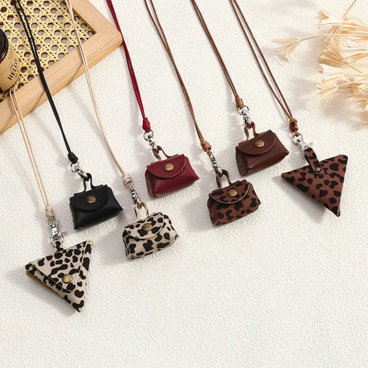 Retro Cute Small Leather Bag Long Necklace for Women Fashion Sweater Chain Neck Hanging Jewelry Versatile Accessory Gift