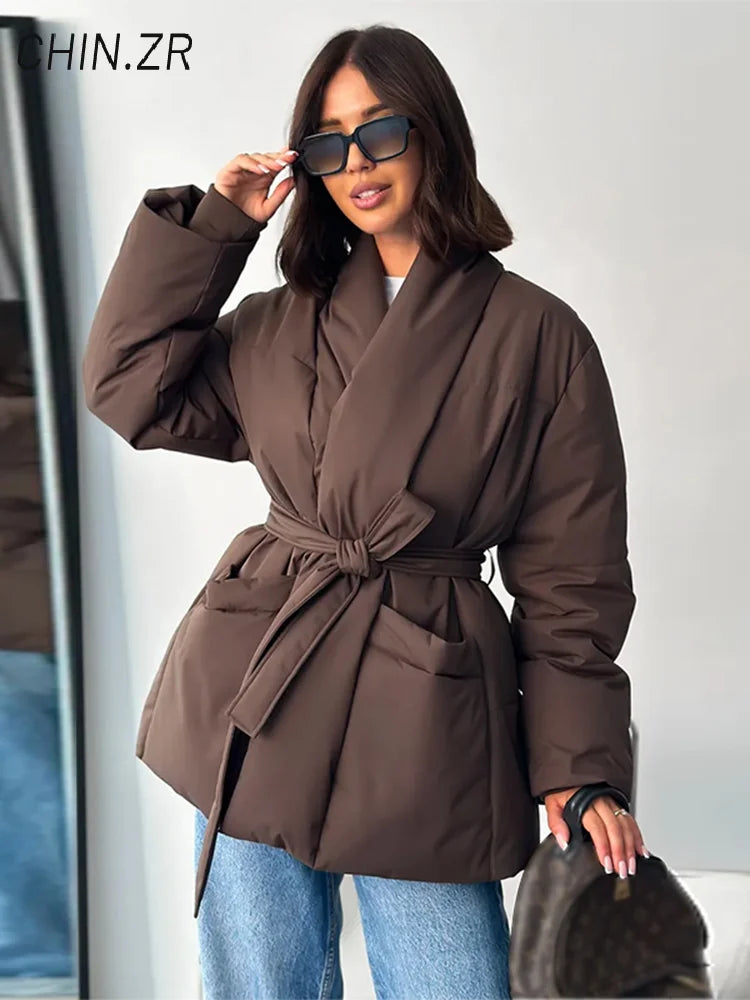 QUOTED Casual Lace Up Women Winter Coats 2025 Belt Stand Collar Zipper Full Sleeve Kimono Jacket Lady Solid Thick Warm Outwear New