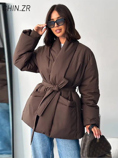 QUOTED Casual Lace Up Women Winter Coats 2025 Belt Stand Collar Zipper Full Sleeve Kimono Jacket Lady Solid Thick Warm Outwear New