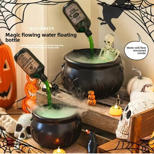 Party Decorations Home Decor Witch Cauldron Fog Machine With Floating Bottle Skull LED Light Halloween Prop Spooky Witchcraft