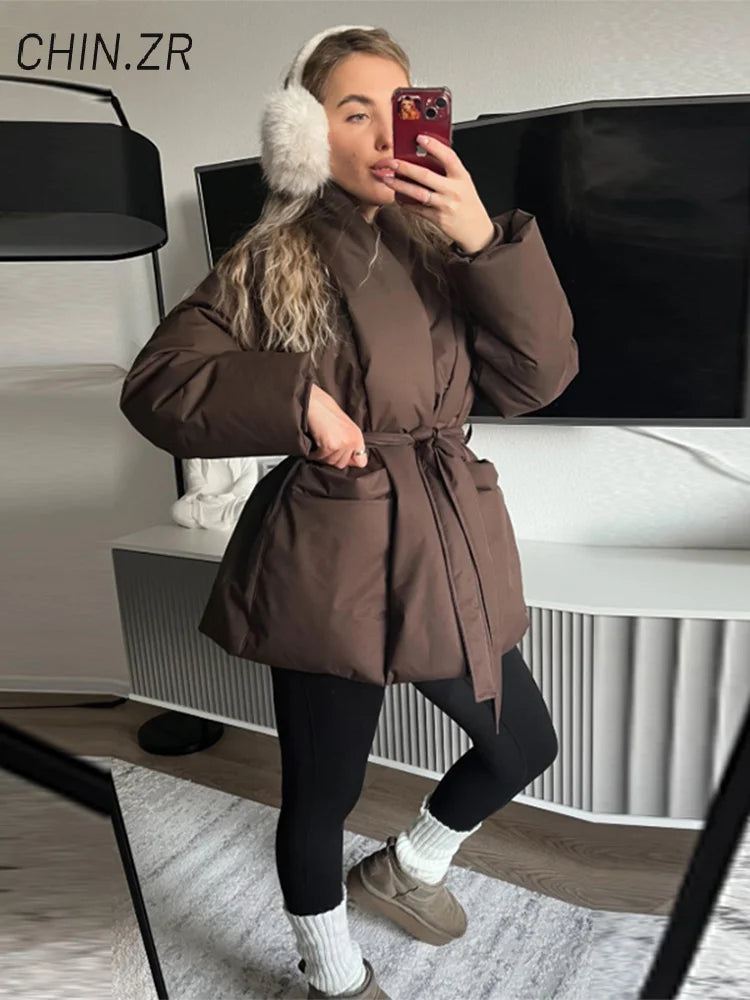 QUOTED Casual Lace Up Women Winter Coats 2025 Belt Stand Collar Zipper Full Sleeve Kimono Jacket Lady Solid Thick Warm Outwear New