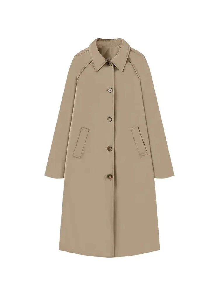 Vrouwen Mode Lange Trench Coat Herfst en Winter Kapel Lange Mouw Single-Breasted Jas Los Puur Kleur Eenvoudige Straatjas